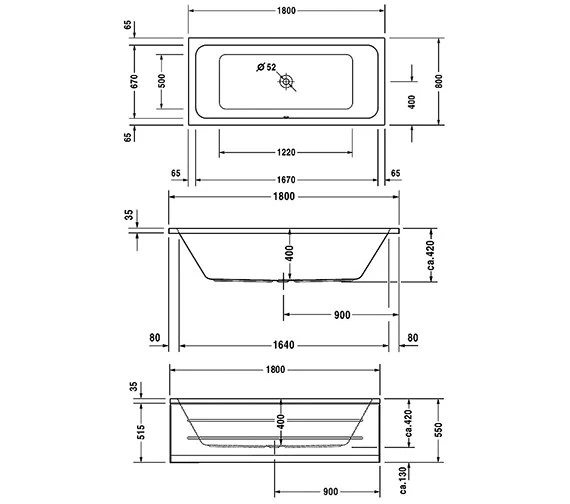 Duravit D-Code 1800 X 800mm Built-In Bathtub With Support Feet - Central Outlet 3 Duravit D-Code 1800 X 800mm Built-In Bathtub With Support Feet - Central Outlet - Image 3