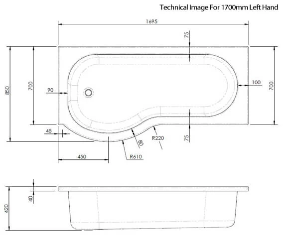 Nuie P-Shaped Shower Bath White 3 Nuie P-Shaped Shower Bath White - Image 3