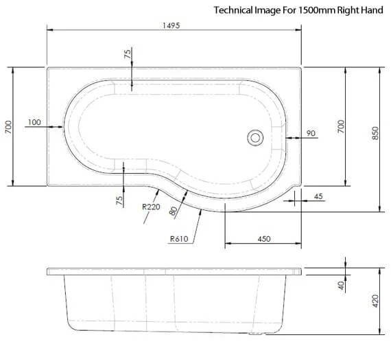 Nuie P-Shaped 1500mm Right Hand White Shower Bath - Ex Display 1 Nuie P-Shaped 1500mm Right Hand White Shower Bath - Ex Display