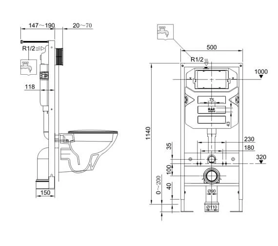 RAK 12cm Front Flush Concealed Cistern And Frame For Wall Hung Pan - Frame Height 114cm 2 RAK 12cm Front Flush Concealed Cistern And Frame For Wall Hung Pan - Frame Height 114cm - Image 2