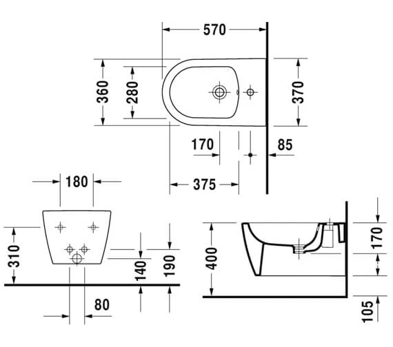 Duravit Me-By-Starck 360mm X 570mm Wall Mounted Bidet 3 Duravit Me-By-Starck 360mm X 570mm Wall Mounted Bidet - Image 3
