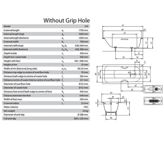 Kaldewei Advantage Saniform 1750 X 750mm Single Ended Steel Bath White 2 Kaldewei Advantage Saniform 1750 X 750mm Single Ended Steel Bath White - Image 2