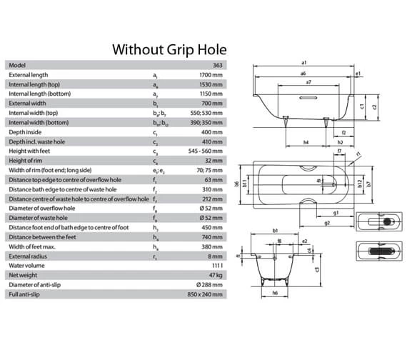 Kaldewei Advantage Saniform Plus 1700 X 700mm Single Ended Steel Bath White 2 Kaldewei Advantage Saniform Plus 1700 X 700mm Single Ended Steel Bath White - Image 2