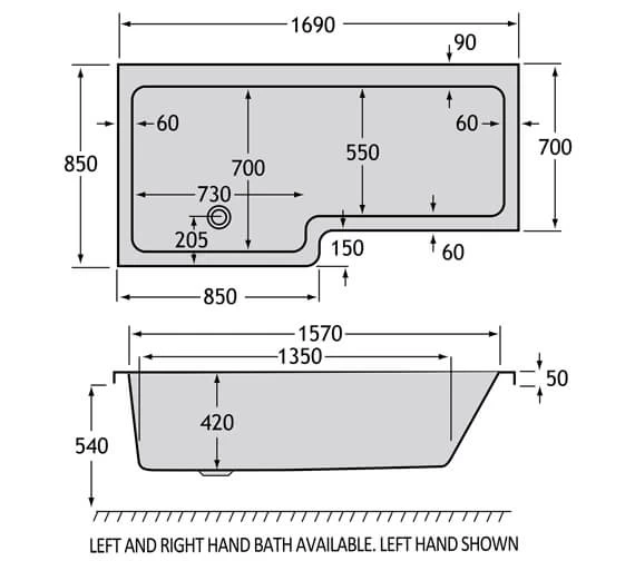 Carron Quantum 5mm Acrylic L-Shaped White Bath 1700 X 700-850mm 1 Carron Quantum 5mm Acrylic L-Shaped White Bath 1700 X 700-850mm