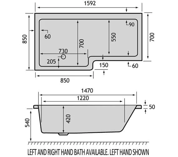 Carron Quantum 5mm Acrylic White L-Shaped Shower Bath 1600 X 700-850mm 1 Carron Quantum 5mm Acrylic White L-Shaped Shower Bath 1600 X 700-850mm