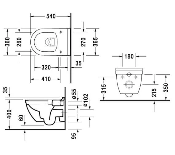 Duravit Starck 3 Rimless Wall Mounted Toilet - 2527090000 3 Duravit Starck 3 Rimless Wall Mounted Toilet - 2527090000 - Image 3