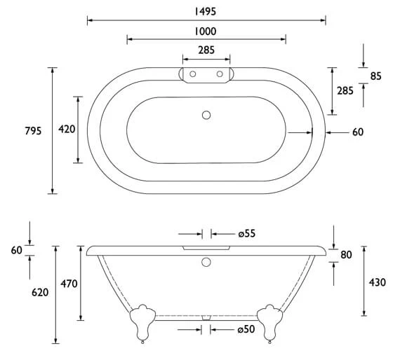 Heritage Baby Oban 1495 X 795mm Freestanding Double Ended Bath With Feet 2 Heritage Baby Oban 1495 X 795mm Freestanding Double Ended Bath With Feet - Image 2