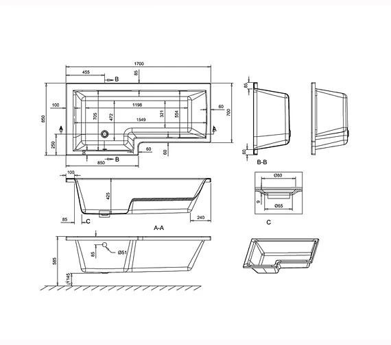 Cleargreen Ecosquare Left Handed White Shower Bath 1700 X 850mm 2 Cleargreen Ecosquare Left Handed White Shower Bath 1700 X 850mm - Image 2